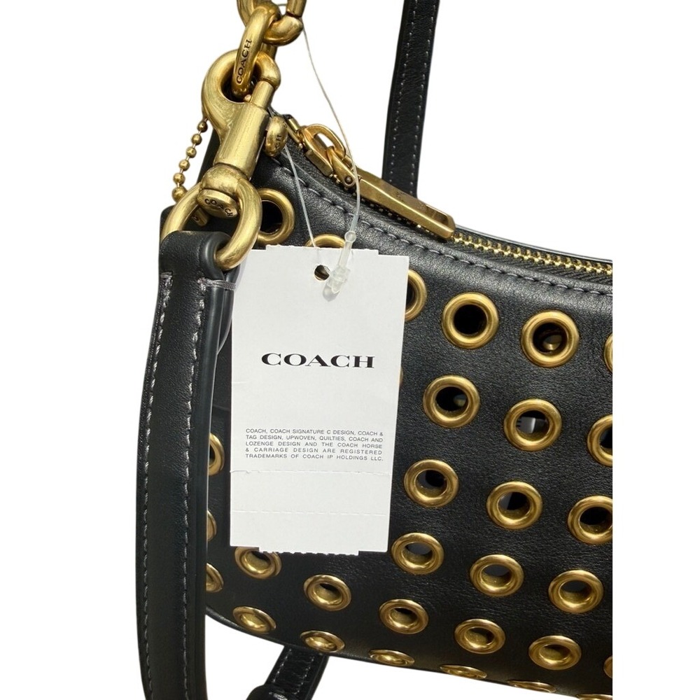 Coach Black Leather Grommet Shoulder Bag Gold Studs CY646 NWT - Picture 6 of 16